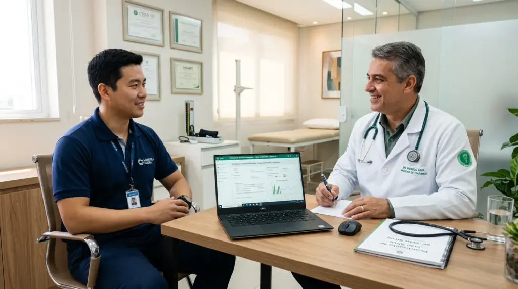Médica e paciente em consultório conversando e analisando um tablet com informações do Atestado de Saúde Ocupacional, com checklist e dados de exame