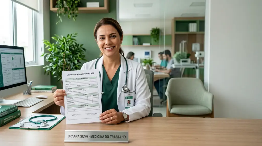Médica do trabalho em consultório, mostrando um Atestado de Saúde Ocupacional (ASO) em documento com cabeçalho e campos de exame, enquanto usa estetoscópio