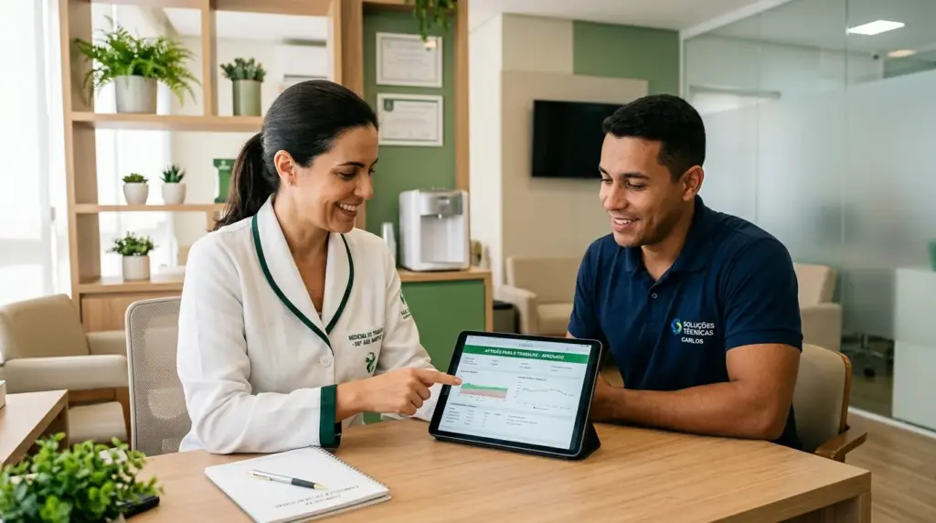 Médico do trabalho em consultório conversa com paciente em mesa com notebook e documentos, preparando orientações sobre Atestado de Saúde Ocupacional (ASO).