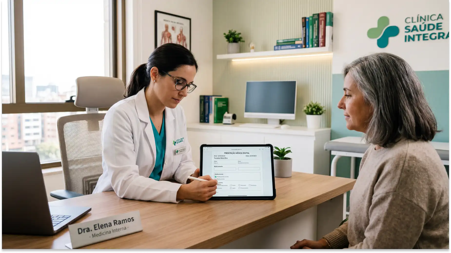 Médica em consultório prescrição medica durante consulta, analisando informações em um tablet com paciente idosa à sua frente. Clínica Saúde Integra ao fundo.