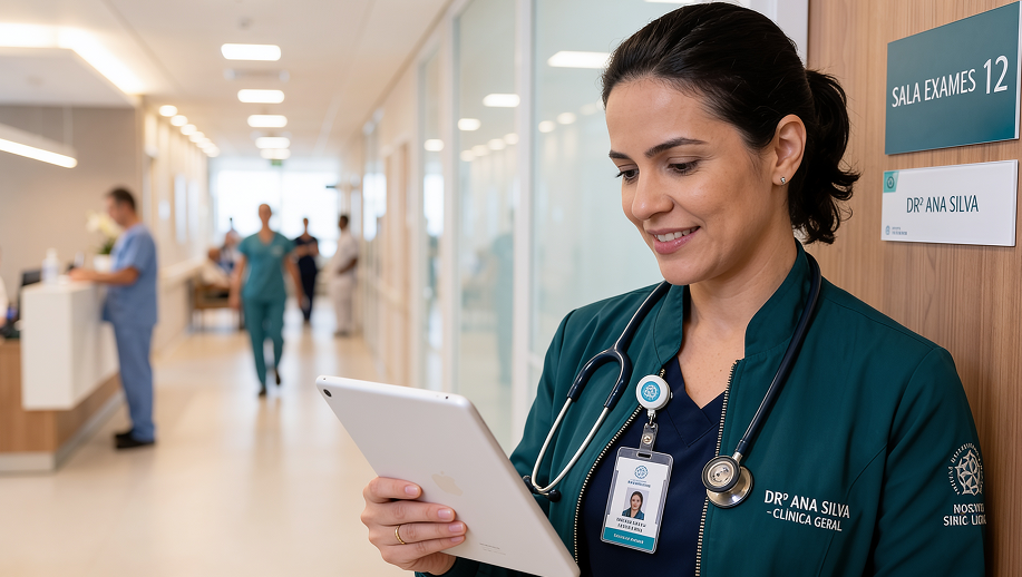 Médica com jaleco verde e vendo informações sobre CID-11 FB84, estetoscópio enquanto observa a tela do tablet. Placa indica sala de exames 12.