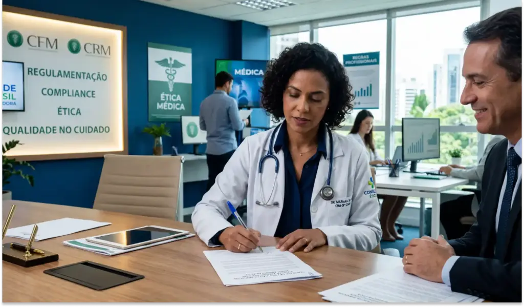 Médica assinando documentoscontra cashback em uma mesa de reunião, ao lado de um paciente em ambiente corporativo com banners sobre ética, compliance e medicina, ao fundo uma equipe e computador.