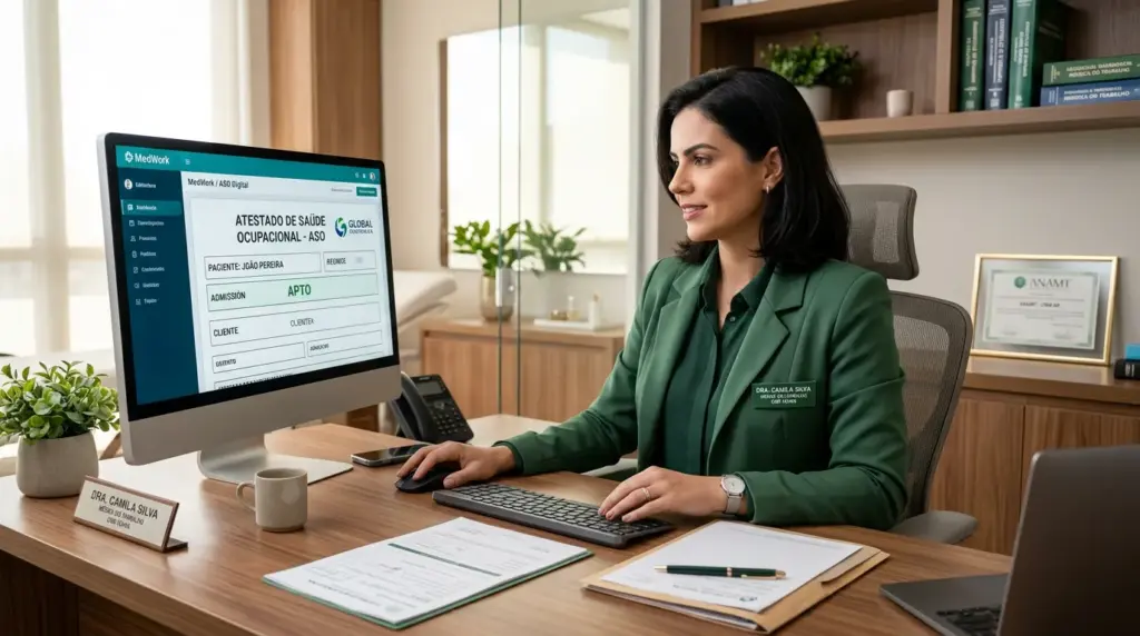 Médica em consultório analisando um documento e um computador com a tela de Atestado de Saúde Ocupacional (ASO), em cenário corporativo de atendimento