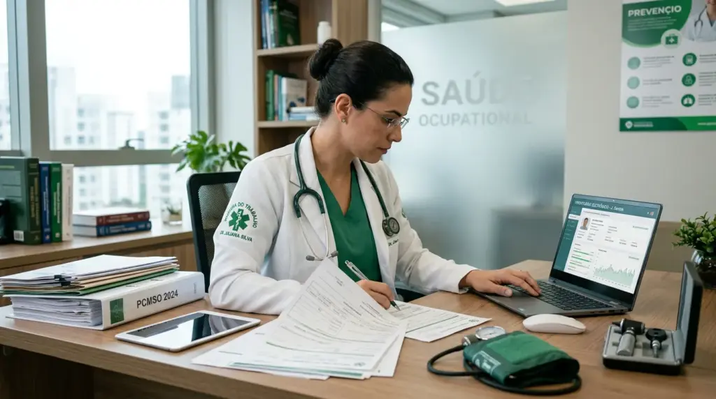Médica do trabalho em consultório, revisando prontuários e exames sobre Saúde Ocupacional em notebook, com documentos e materiais de avaliação na mesa.