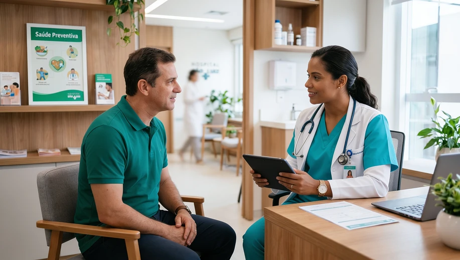 Médica e paciente em clínica durante consulta e orientação sobre câncer, com a profissional usando estetoscópio e analisando anotações em tablet; ao fundo, materiais de saúde preventiva.