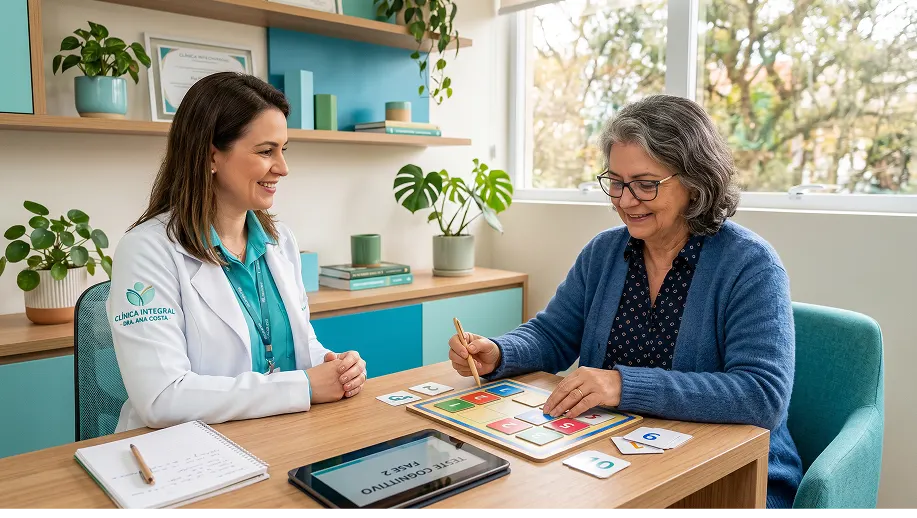 Encontro em consultório: avaliação neuropsicológica terapeuta e paciente conversam e analisam materiais durante uma sessão com tela exibindo avaliação psicológica e documentos sobre a mesa.