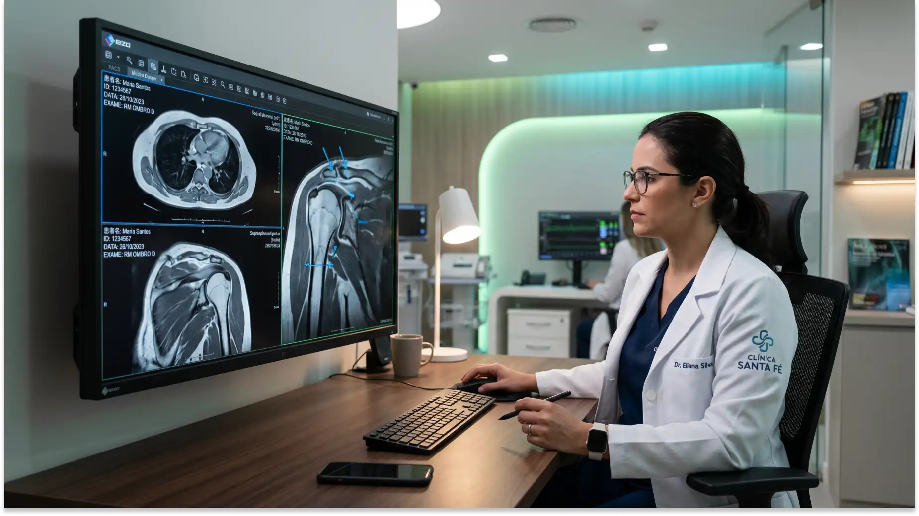 CID-11 FB53 Médica radiologista em consultório analisando imagens de tomografia e ressonância médica em um monitor, usando jaleco branco e tecnologia de diagnóstico por imagem.