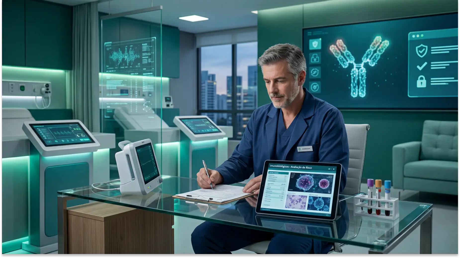 Médico em consultório moderno realiza anotações enquanto analisa um painel de software com imagens de microscopia e células em tablet, com equipamentos de laboratório ao fundo.