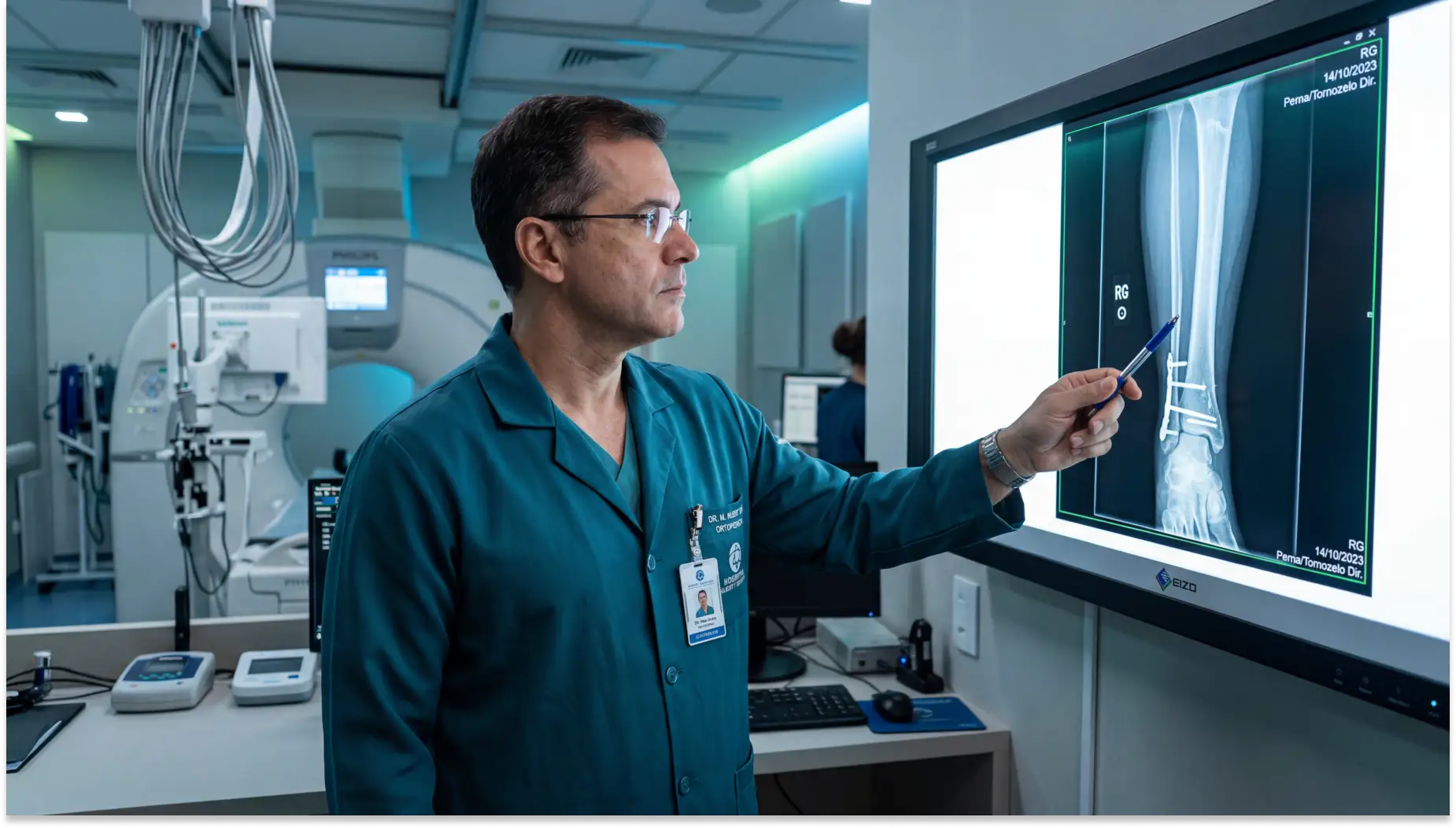 Médico em hospital observa uma CID-11 NA82 radiografia de fratura da perna em monitor de computador, com controle e laudo em sala de radiologia e equipamento de exames ao fundo.