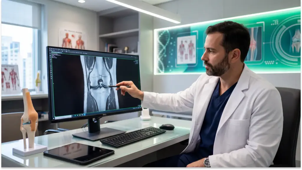 CID-11 FB52: Médico ortopedista em consultório com tela de computador exibindo imagem de raio-X de perna e diagnóstico digital, ao lado de modelo anatômico de joelho em uma clínica moderna.