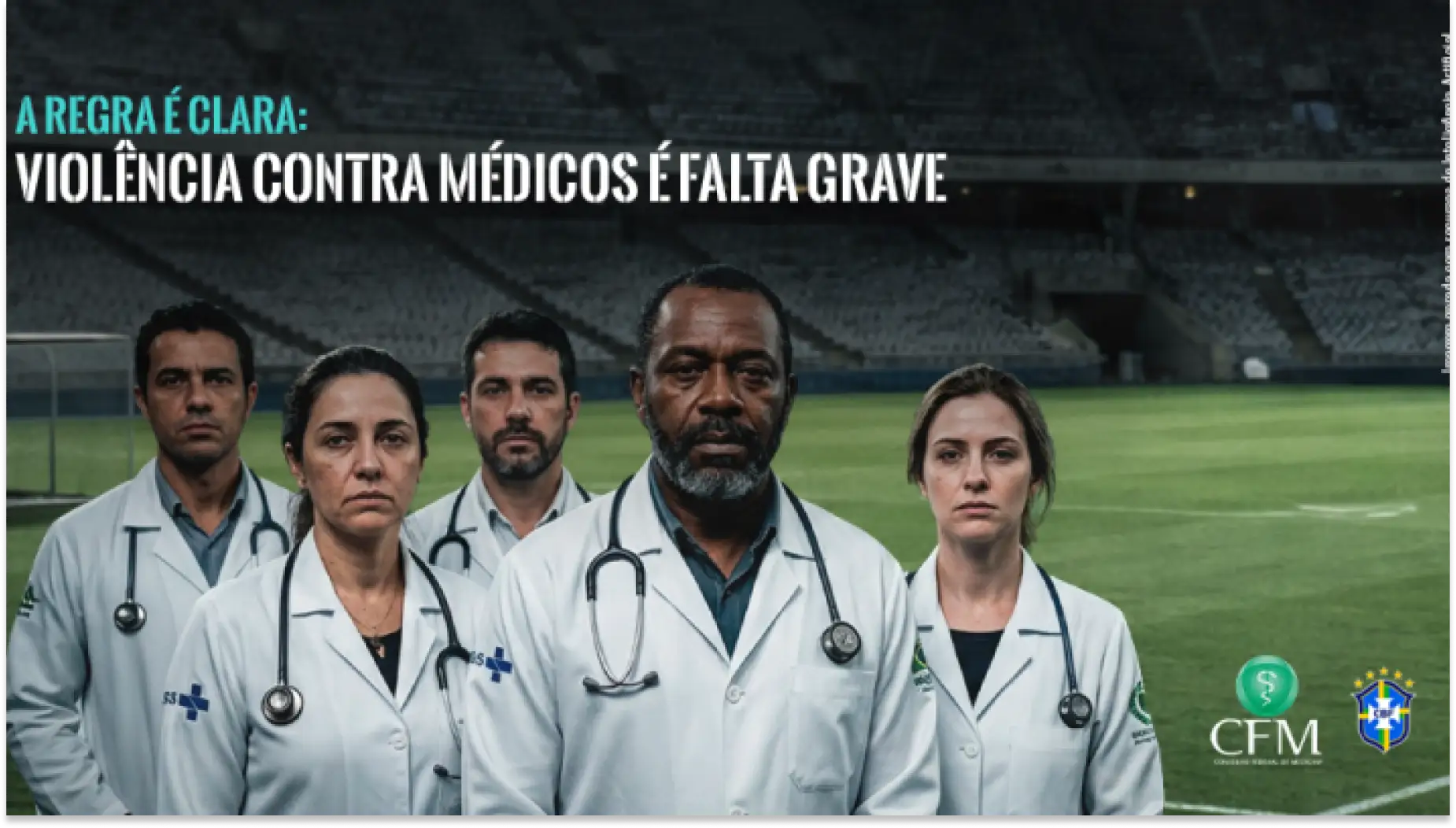 Médicos e médicas em um estádio com estetoscópios, em destaque no primeiro plano, enquanto o texto “A REGRA É CLARA: VIOLÊNCIA CONTRA MÉDICOS É FALTA GRAVE” aparece no topo da imagem, ao final a logo da CFM.