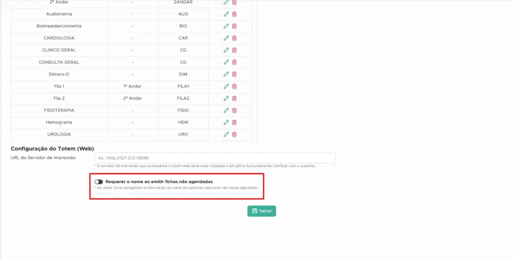 Tela de configuração do Quark Clinic mostrando tabela de setores por andar e a mensagem de aviso “Remover somente medidas físicas não ajudadas” com campo de informação obrigatório e botão Salvar, tema melhorias_quarkclinic_maio_2026.