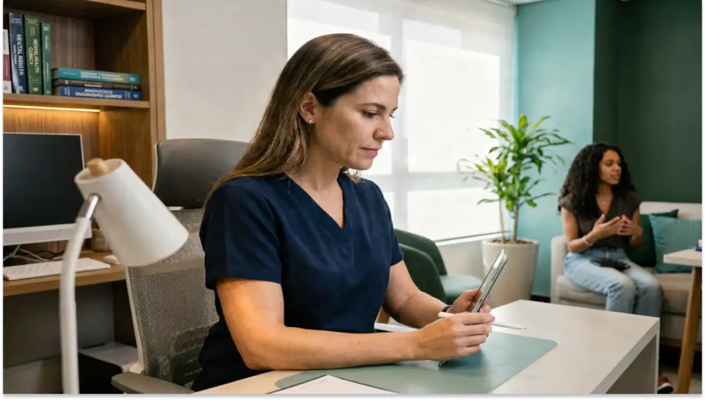 Mulher trabalhando em escritório com a CID-11 6B00 moderno, usando tablet sobre a mesa enquanto conversa com colegas ao fundo em ambiente profissional com plantas e luz natural.