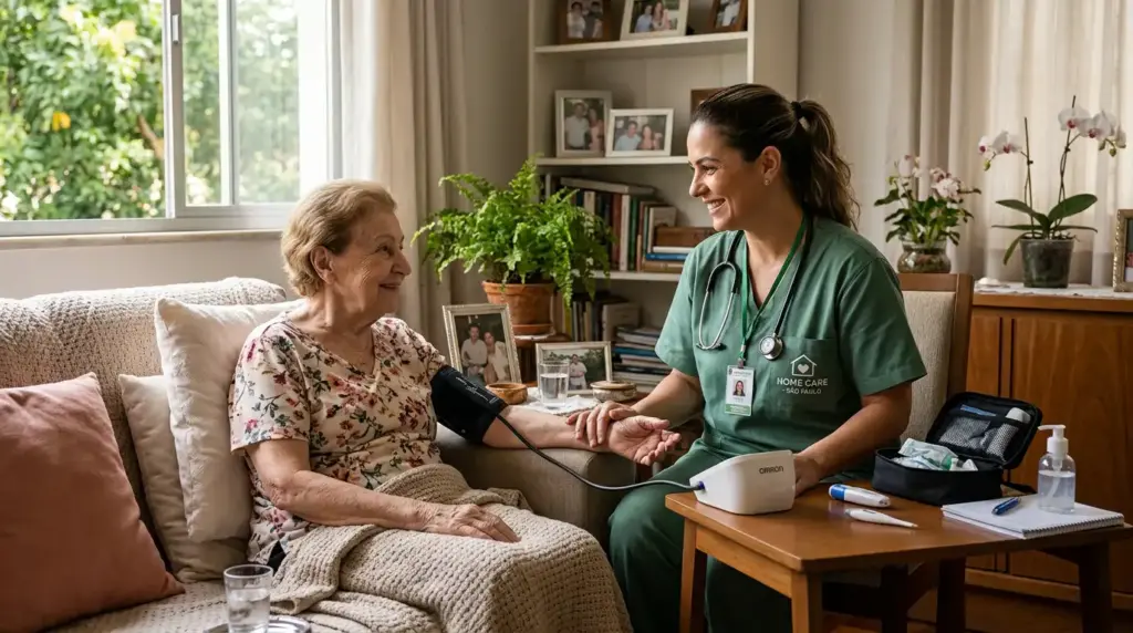 Enfermeira em visita domiciliar realizando aferição de pressão em uma idosa no sofá, com equipamentos médicos e ambiente doméstico, explicando o que é home care, custos, tipos e funcionamento.
