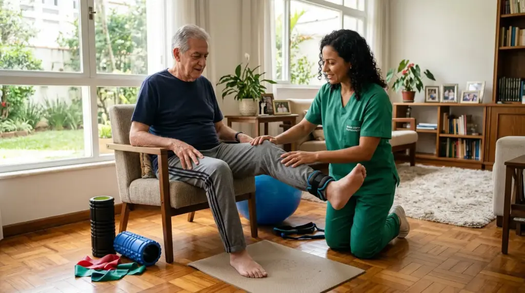 Profissional de home care realiza exercícios e alongamento com um idoso em uma sala de estar, com toalha, tapete antiderrapante e equipamentos ao lado, em ambiente acolhedor.