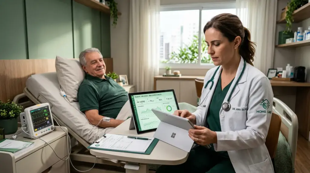 Médica em atendimento domiciliar (home care) com um paciente idoso em casa, monitor cardíaco e tablet com informações de saúde durante consulta.