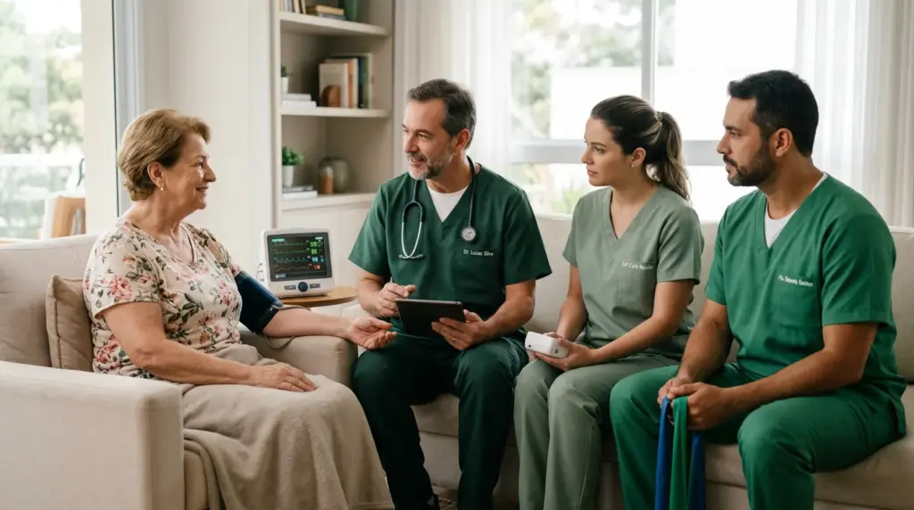 Equipe de home care com profissionais de saúde atendendo uma idosa em casa, durante conversa e avaliação clínica no ambiente residencial, com equipamentos de monitoramento