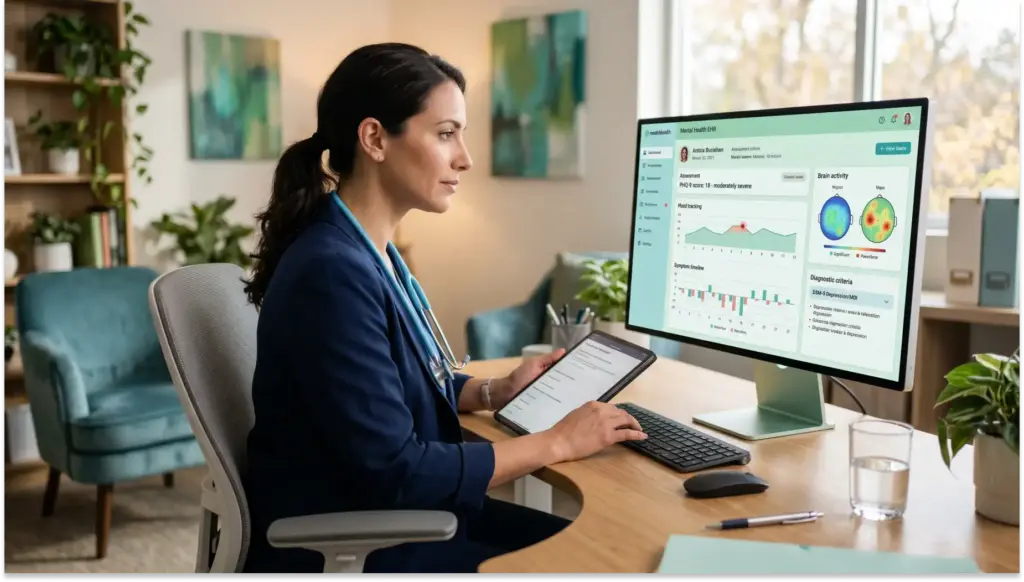 CID-11 NA51: Profissional de saúde em ambiente de escritório analisando um painel de dados em um monitor, com documentos e tablet na mesa, usando computador para revisar relatórios e gráficos.