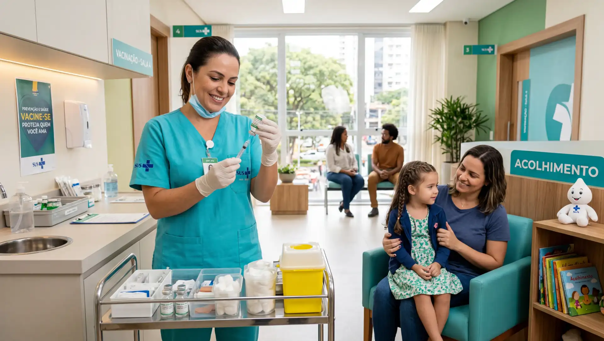 Profissional de saúde vacina Pneumo 20 consultório aplica orientação durante atendimento, com uma criança e a mãe em uma sala de acolhimento com placa “Acolhimento” e decoração educativa ao fundo.