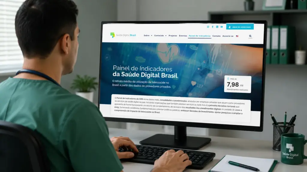 Profissional de saúde sentado em frente a um computador exibindo o site “Saúde Digital Brasil” com painel de indicadores da saúde digital no Brasil e destaque para atendimentos na Telessaúde, sugerindo quase 8 milhões.
