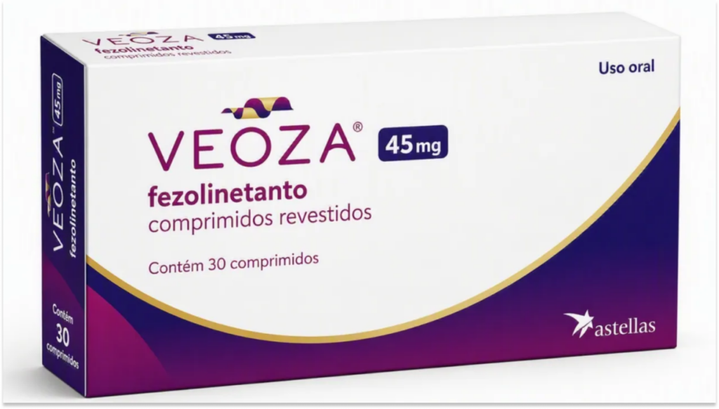 anvisa Caixa do medicamento Veoza Fezolinetanto 45 mg com 30 comprimidos revestidos, indicado para uso oral. Marca Astellas na embalagem.