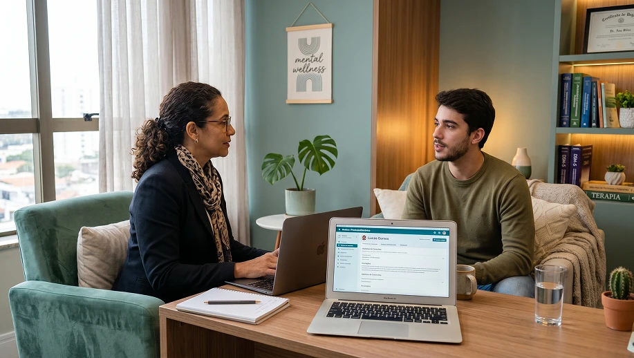 Duas pessoas conversam em uma sala de atendimento, com um notebook aberto exibindo uma interface de saúde/consulta, sugerindo triagem ou acompanhamento terapêutico conforme CID-11 6B40, em um ambiente acolhedor.