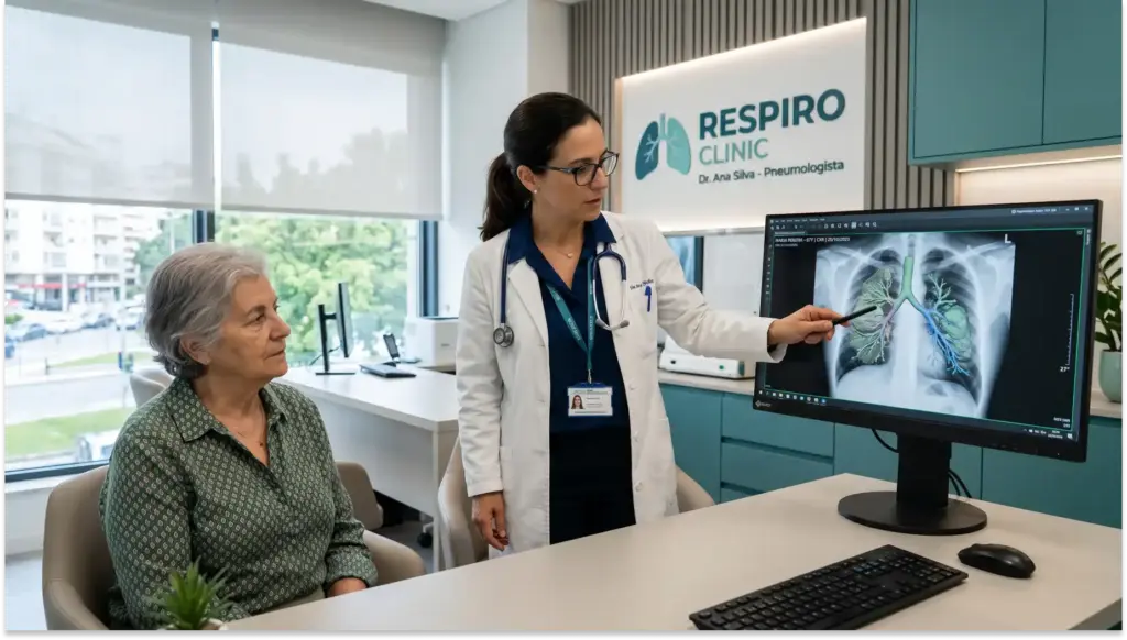 Médica pneumologista em clínica orienta paciente idosa em consulta, analisando imagem radiológica de tórax em um monitor com detalhes das vias respiratórias, com apoio visual para CID-11 CA40.