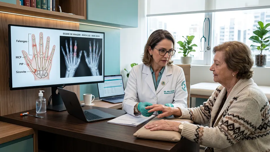 Médica em consultório analisando CID-11 FA20 em exames de mãos em um monitor de raio-x, enquanto realiza atendimento e aplica curativo em uma paciente sentada à mesa; clínica e equipamentos ao fundo.