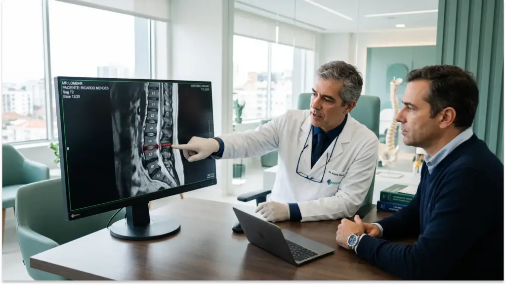 Médicos analisando a CID-11 FA84 em exame de imagem em monitor, com médico apontando para a radiografia na tela em consultório ou sala clínica. Trabalho em equipe durante avaliação