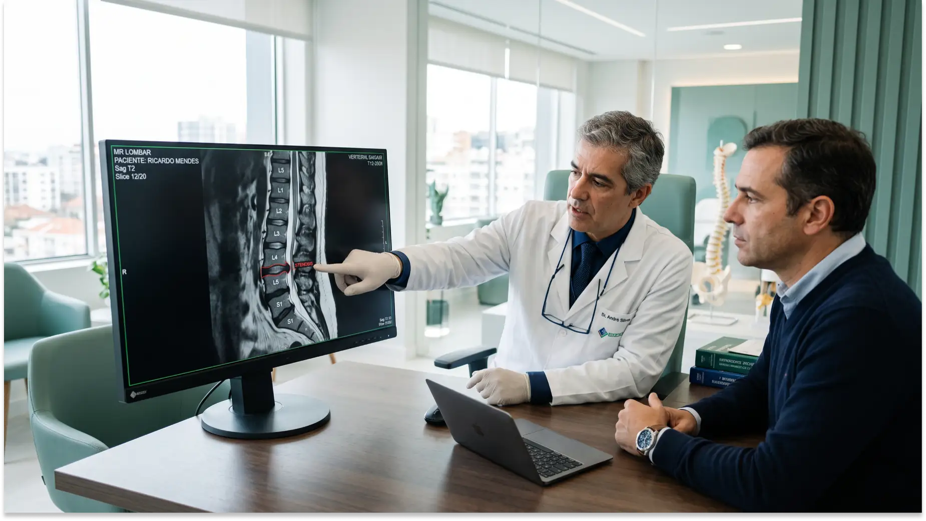 Médicos analisando a CID-11 FA84 em exame de imagem em monitor, com médico apontando para a radiografia na tela em consultório ou sala clínica. Trabalho em equipe durante avaliação