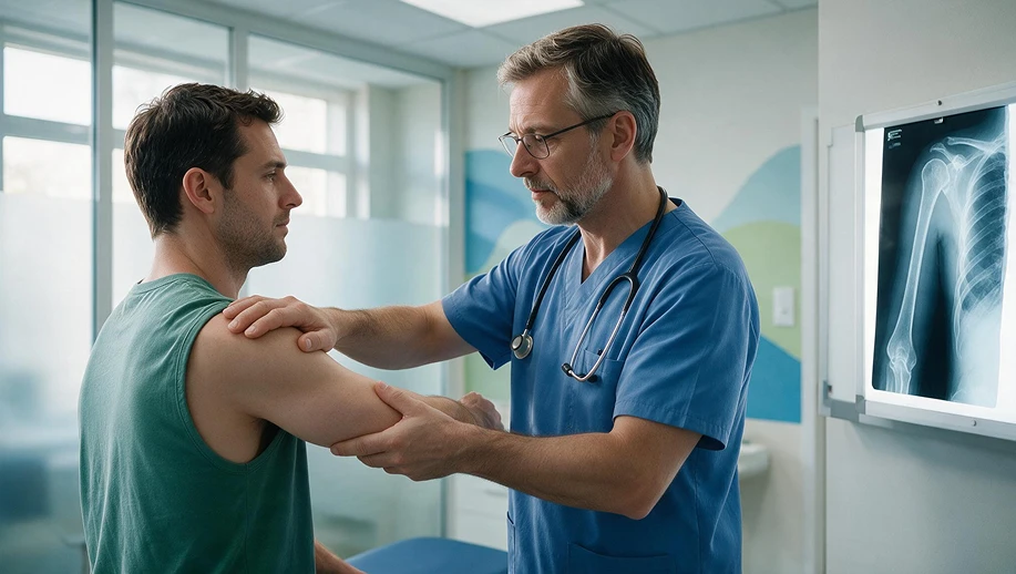 CID-11 NA41: Médico em consultório hospitalar examina o ombro de um paciente enquanto observa uma radiografia em um monitor, com foco em diagnóstico e avaliação clínica.