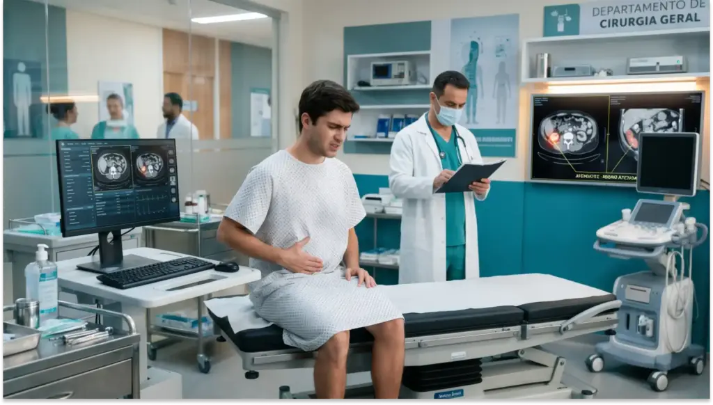 Clínica de diagnóstico com médico analisando exames de imagem em monitores e paciente em maca, representando atenção e avaliação de saúde conforme CID-11 DD80.