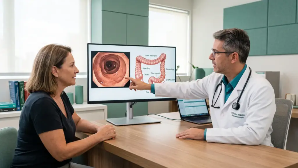 CID-11 DA92: Médico otorrinolaringologista em consultório conversa com paciente enquanto analisa imagens em um monitor de aparelho digestivo e intestino, com ilustração anatômica na tela.