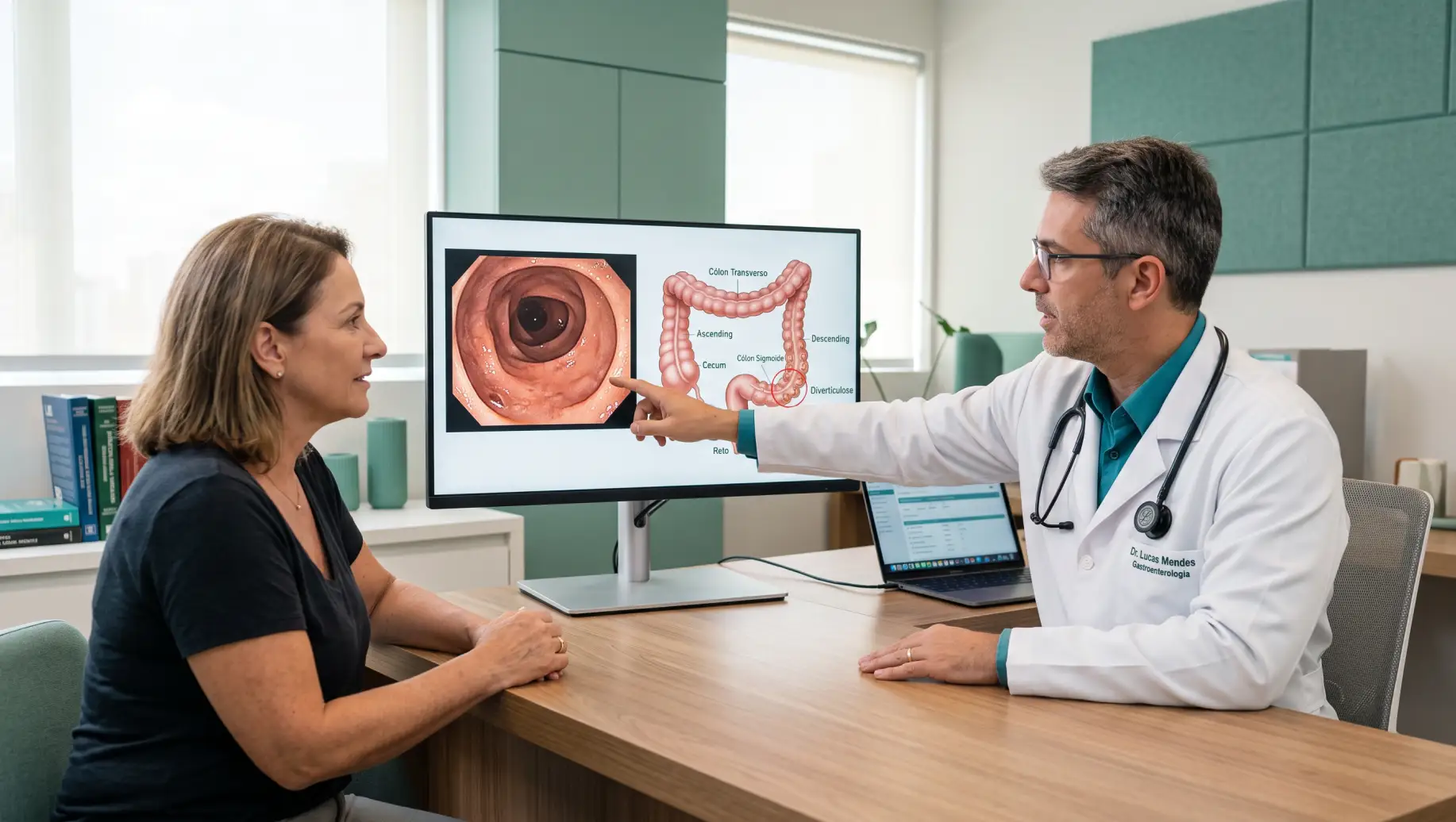 CID-11 DA92: Médico otorrinolaringologista em consultório conversa com paciente enquanto analisa imagens em um monitor de aparelho digestivo e intestino, com ilustração anatômica na tela.