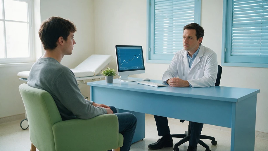 Médico em consultório atende paciente sentado em uma cadeira verde, enquanto monitora dados em um computador com gráfico na tela ao fundo, em ambiente clínico. CID-11 6C40