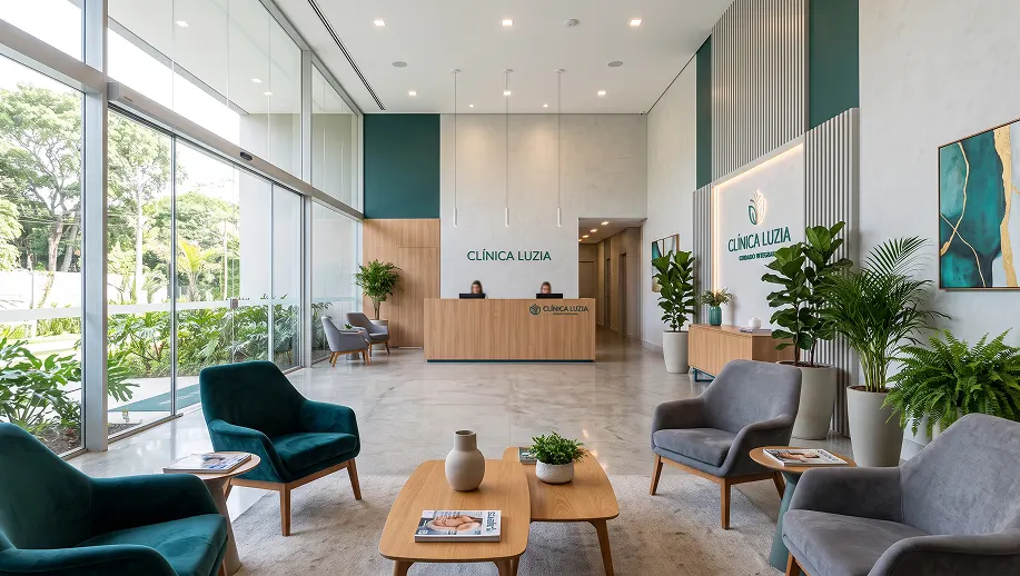 Recepção de clínica moderna com balcão de atendimento, cadeiras confortáveis, plantas decorativas e paredes em tons neutros, incluindo placa “CLÍNICA LUZIA”. Ideal para Decoração de Consultórios e Clínicas.