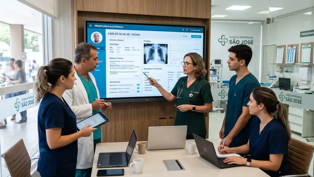 Equipe de profissionais da saúde em uma clínica integrada, apresentando prontuário eletrônico e dados de exames em uma tela, com pacientes e computadores na sala