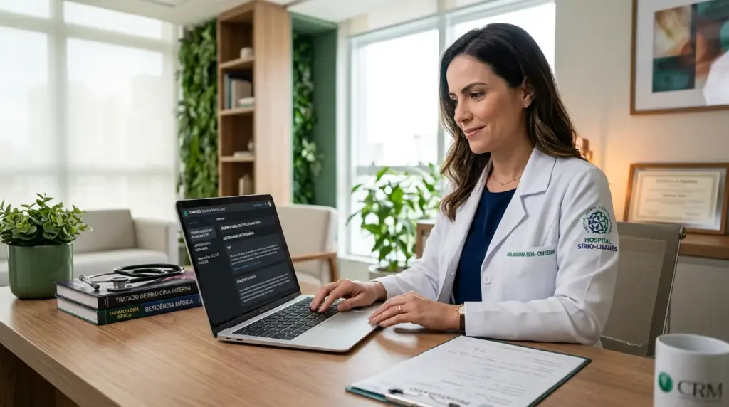 Lista de terminologias médicas: as 50 mais usadas: Médica em ambiente clínico usa notebook com a tela de busca de “terminologias médicas”, enquanto revisa documentos sobre terminologias médicas para consulta e estudo em um escritório.