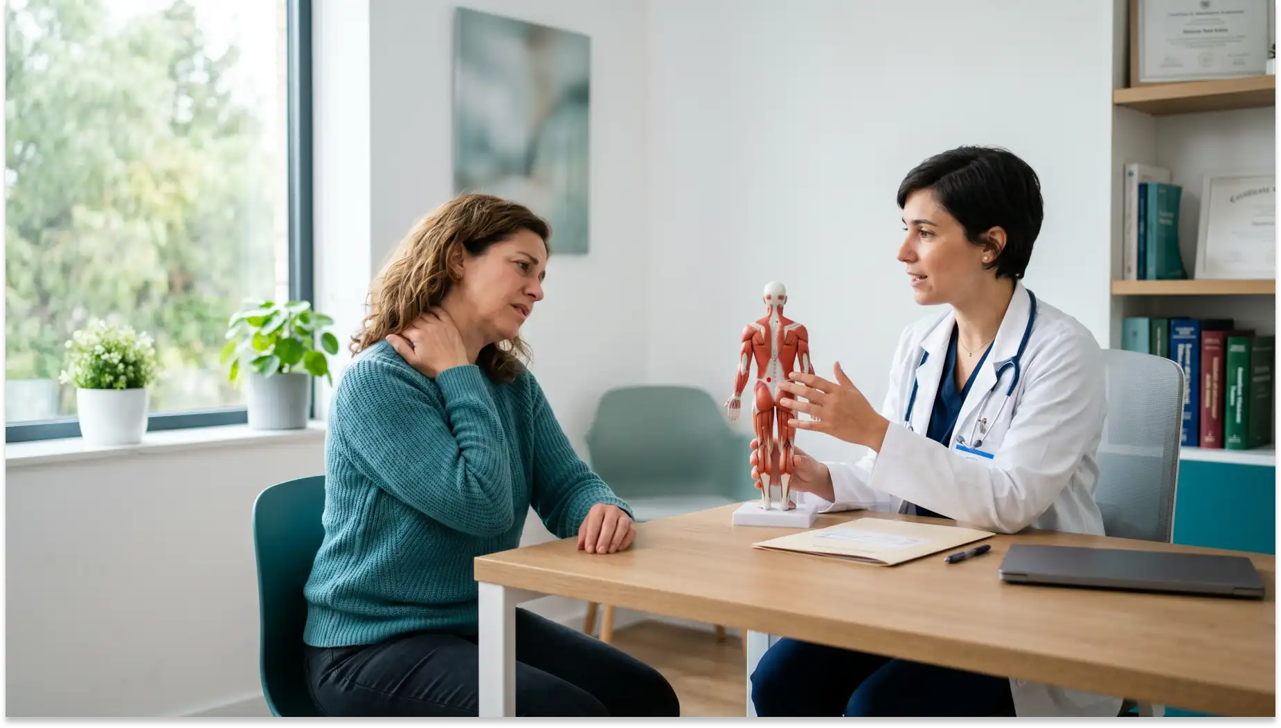 Médica com jaleco e estetoscópio explica CID-11 FB80 e diagnóstico a uma paciente sentada em consultório, usando um modelo anatômico de corpo humano sobre a mesa. Ambiente clínico organizado.