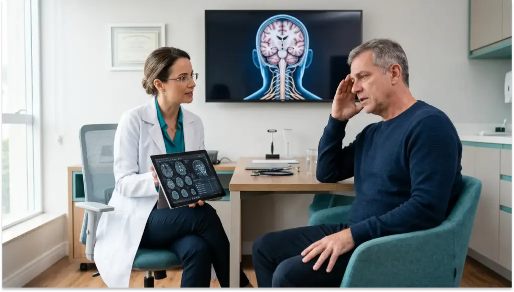 Médica neurologista em consultório analisa CID-11 8A80 em exame de tomografia em tablet enquanto conversa com paciente sentado, em imagem sobre saúde e avaliação neurológica com ilustração de cérebro em monitor