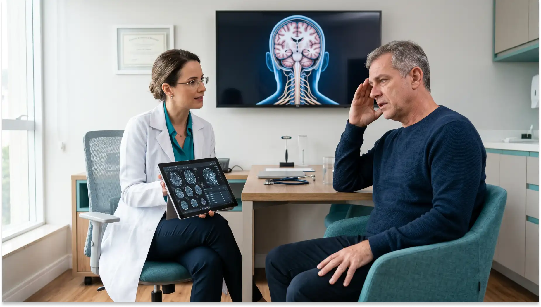 Médica neurologista em consultório analisa CID-11 8A80 em exame de tomografia em tablet enquanto conversa com paciente sentado, em imagem sobre saúde e avaliação neurológica com ilustração de cérebro em monitor