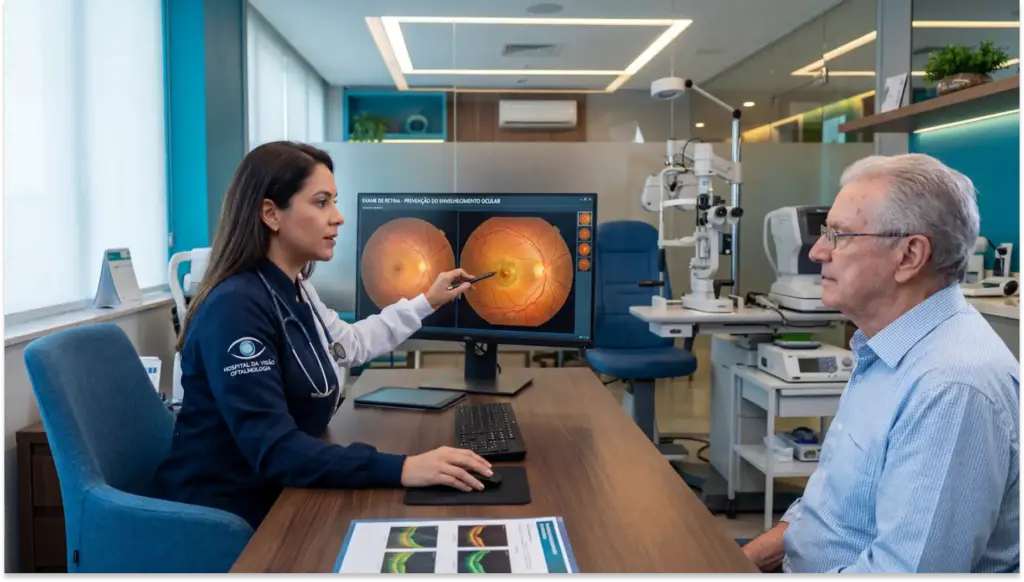 Médica oftalmologista em clínica examina metformina um paciente diante de um monitor com imagens dos olhos e equipamentos de diagnóstico, em sala de consulta