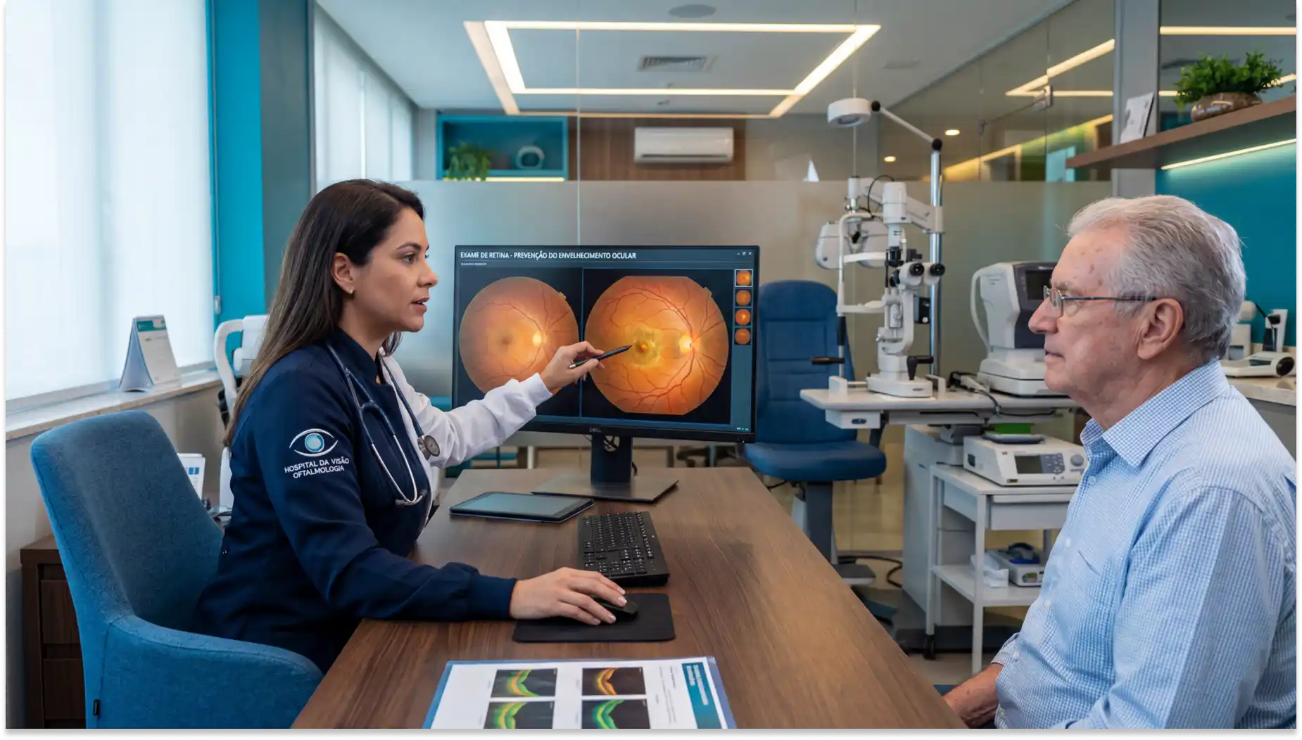 Médica oftalmologista em clínica examina metformina um paciente diante de um monitor com imagens dos olhos e equipamentos de diagnóstico, em sala de consulta