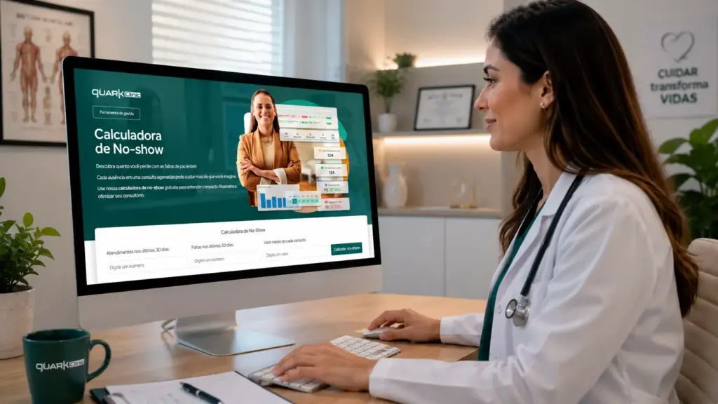 Médica em consultório usando computador com a calculadora de No-Show no site da QuarkClinic, com gráficos e campos de preenchimento na tela.