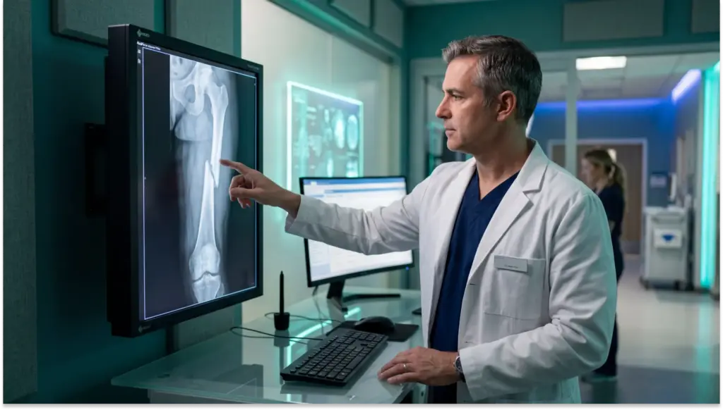 Médico em hospital analisa CID-11 FA02 e radiografia em monitor de computador, apontando para o exame de raio-x ao lado de equipamentos e sistemas digitais na sala clínica.
