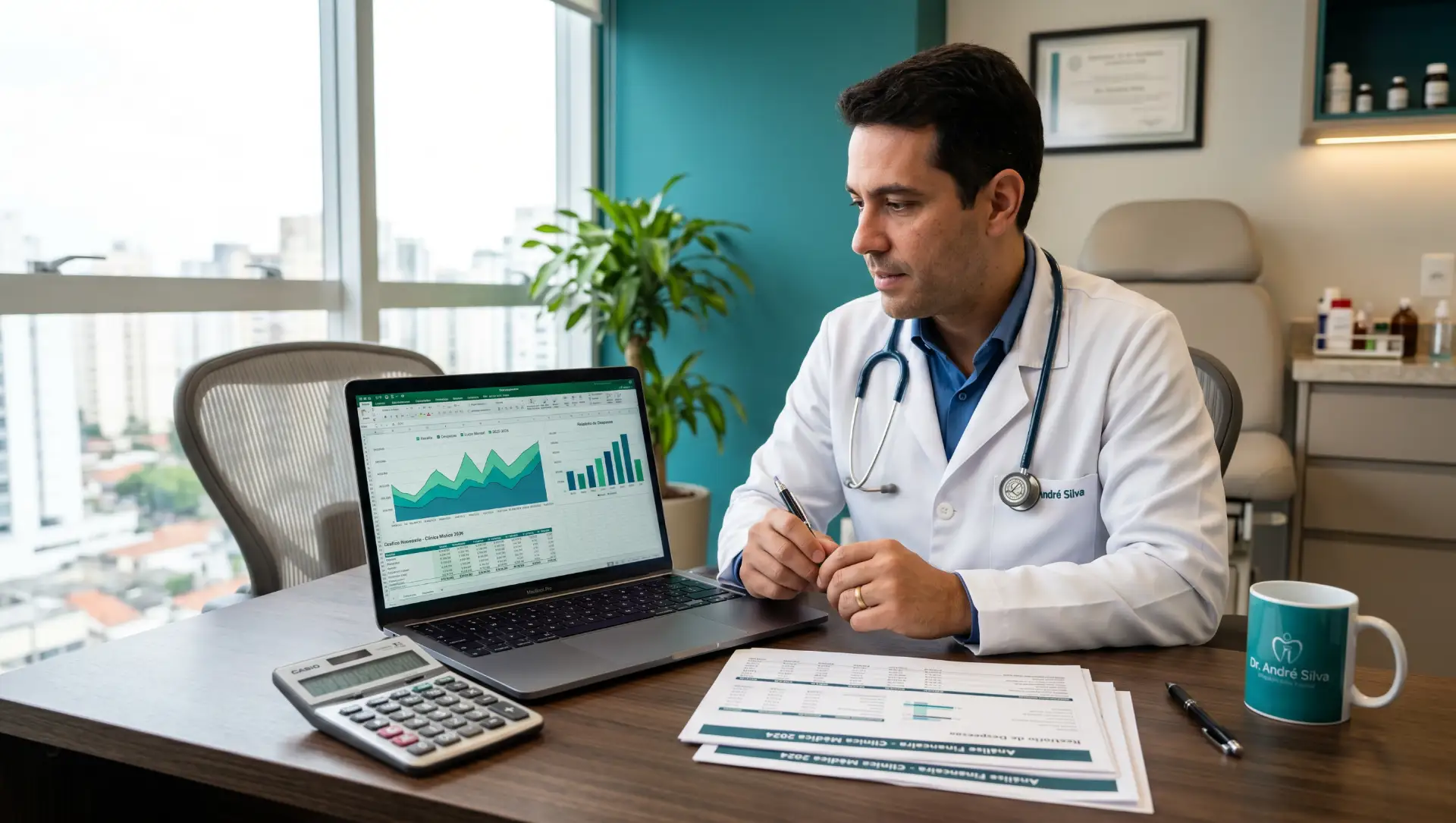 Médico em consultório analisando calcular o ROI em gráficos de saúde em notebook, enquanto preenche documentos em uma mesa com calculadora e caneta; ambiente clínico moderno ao fundo.