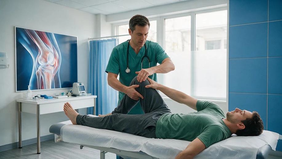 Médico fisioterapeuta em clínica aplica técnica de avaliação e manipulação na articulação do joelho de um paciente em uma maca, com equipamentos ao fundo. CID-11 FB50
