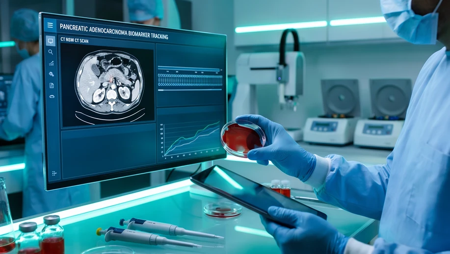 Médico em laboratório de análises observa cancer de pancreasexames de em monitor com tomografia e gráficos, enquanto segura uma amostra em tubo com líquido vermelho, com luvas e instrumentos cirúrgicos ao fundo.