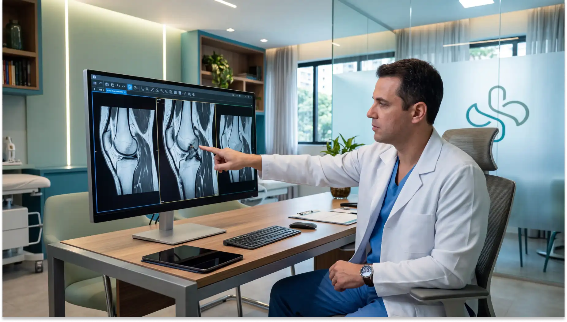Médico ortopedista em consultório CID-11 NA71 analisando exames de radiografia de joelho em um monitor de computador, com interface médica e gesto de apontar no consultório moderno.