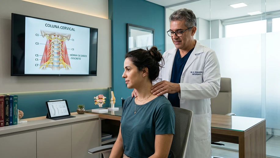 Médico ortopedista examina paciente com CID-11 FA80.0 em consultório, mostrando no monitor uma ilustração da coluna cervical com indicação de hérnia de disco e vértebras.